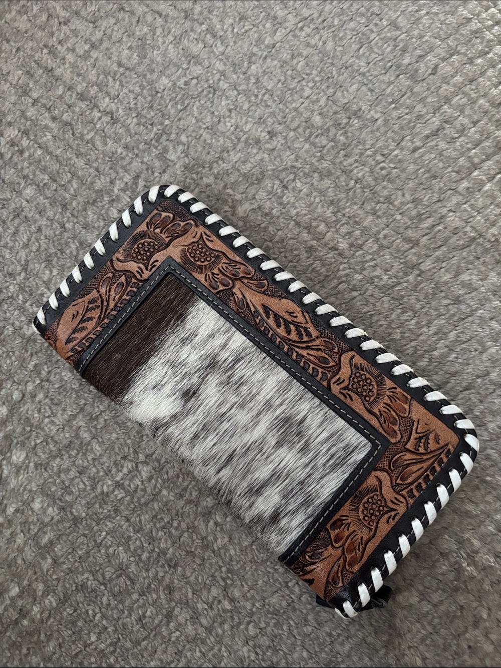 Handcrafted Brown Tooled Leather & Cowhide Woman's Wallet